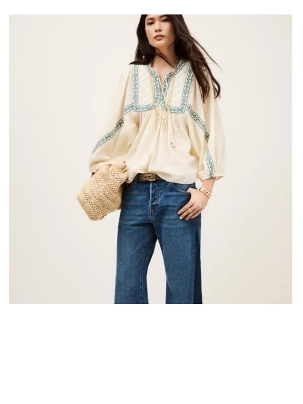 Cream Boho Embroidered Peasant Blouse